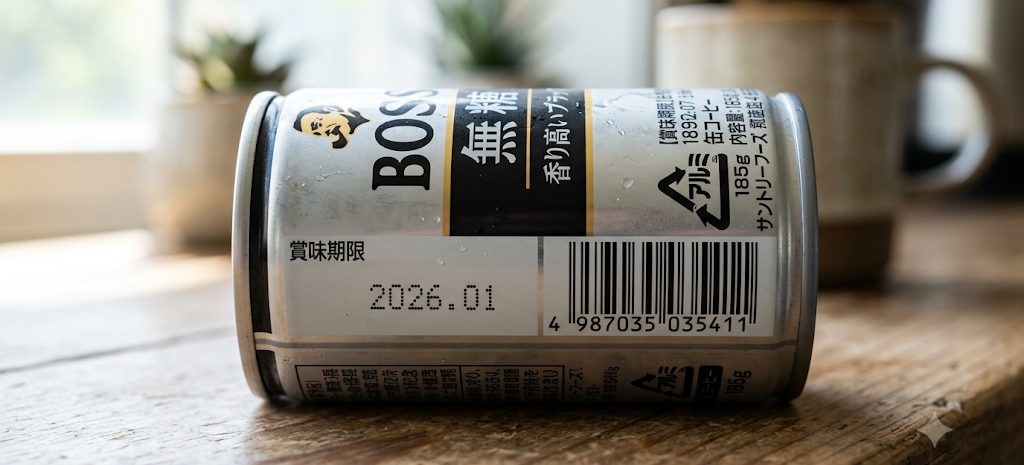 飲料缶の賞味期限とバーコードを読み取る例